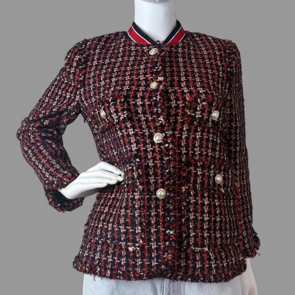 Zara Woman Red Navy Bouclé Tweed Pearl Button Jacket Women's M